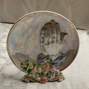 Vintage Praying Hands Ceramic Porcelain Iridescent Religious Statue Figurine